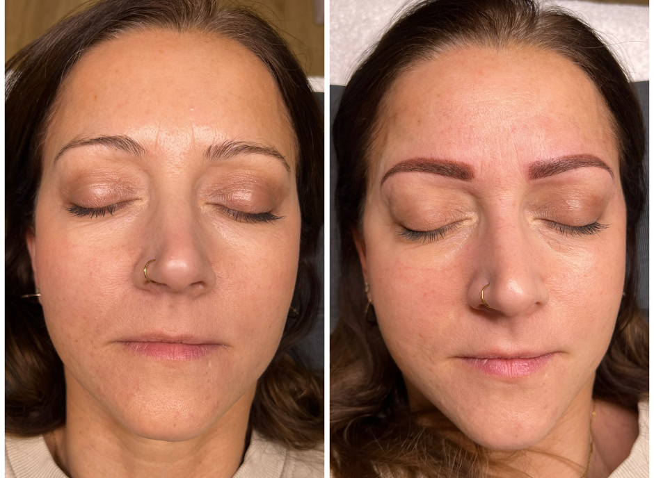 Vorher-Nachher Vergleich einer Powder Brows Augenbrauenpigmentierung in Bedburg – natürliches Permanent Make-up mit harmonischer Form.